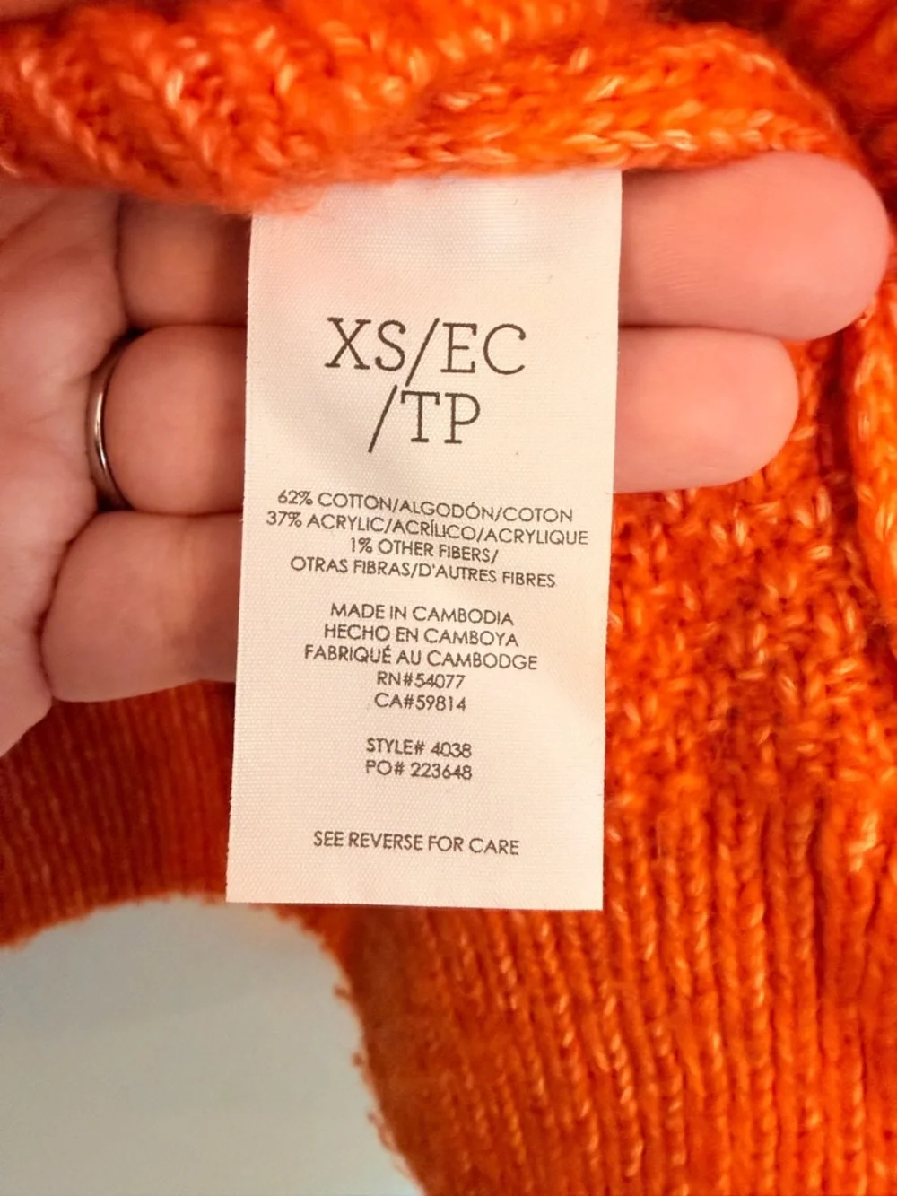 CABI #4038 Harvest Pullover Sweater Amber Orange Medium Cable Knit Chunky Sz XS